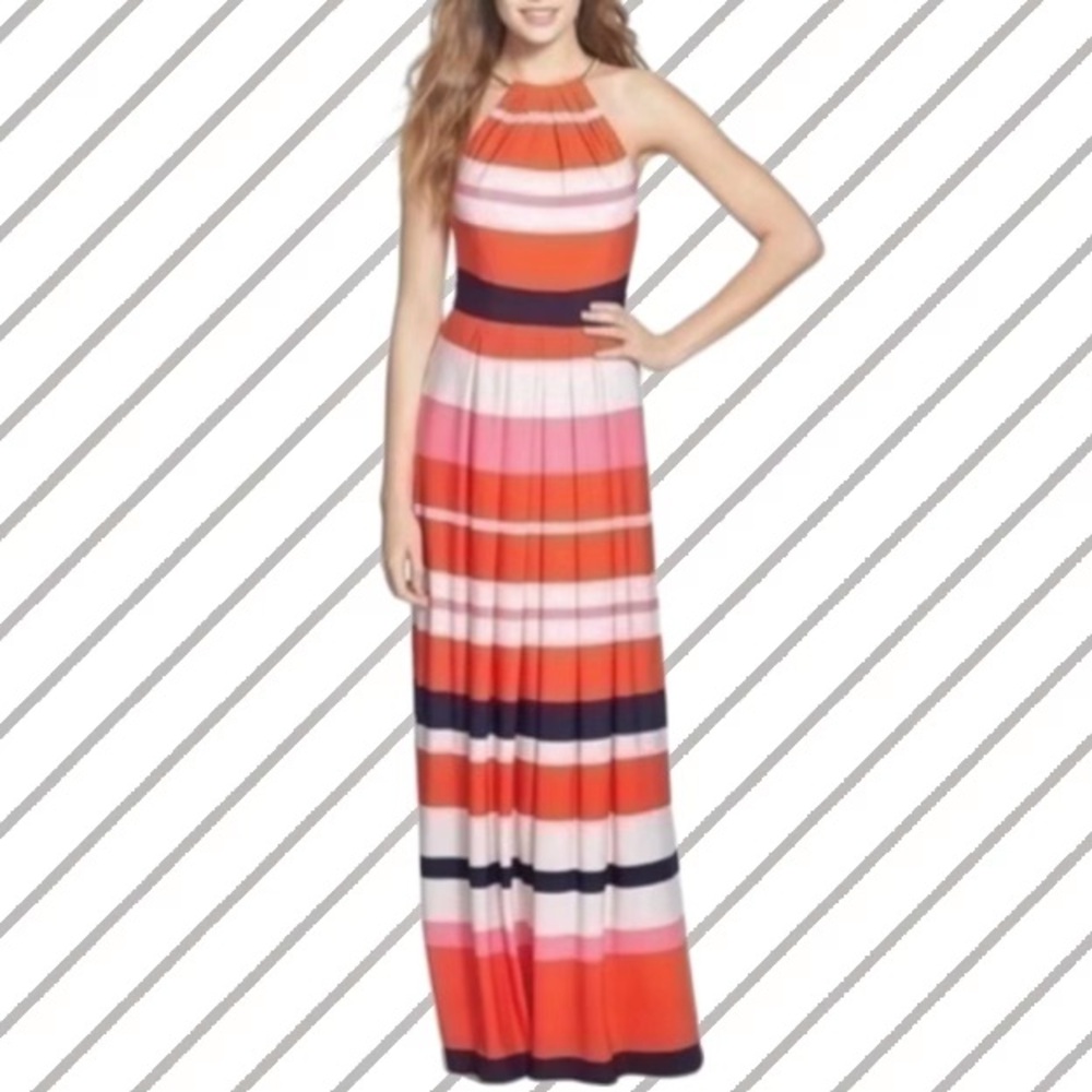 👗 Eliza J Striped Jersey Maxi with Adjustable Gold Metal Chain Halter Neckline